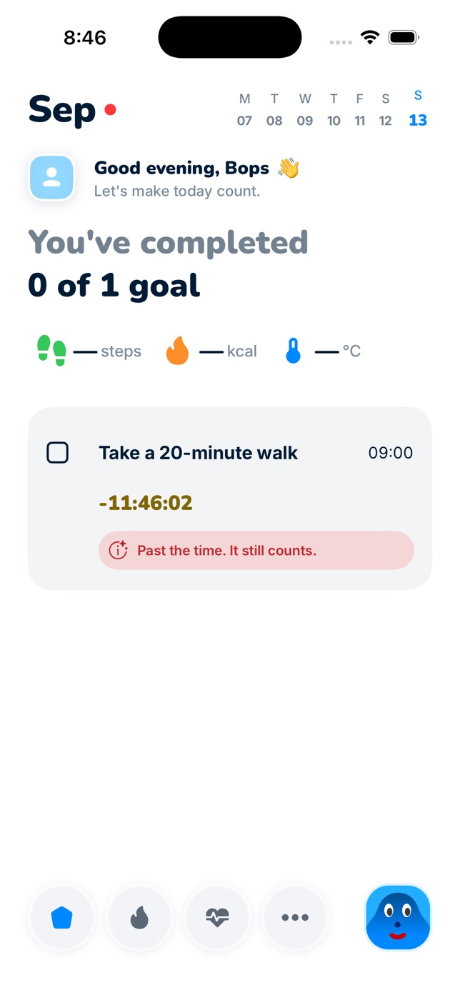The Zome home screen: today's progress, and one goal at
                      nine in the morning with a countdown under it.