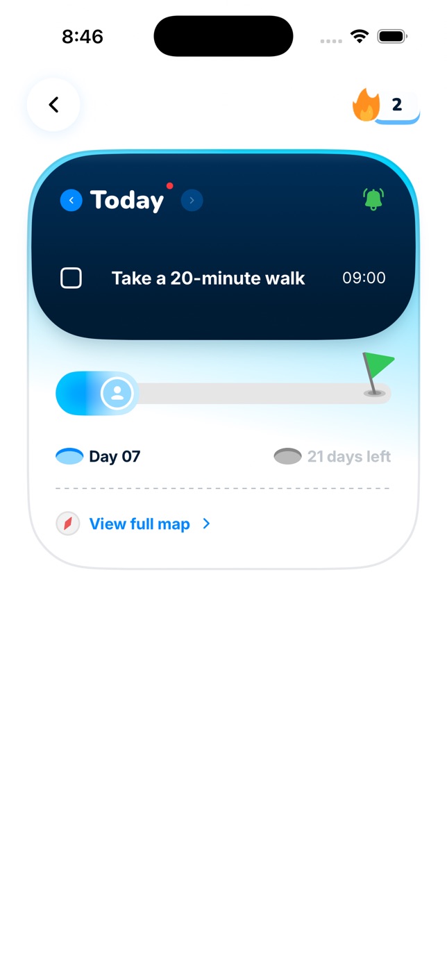 Today's goal on the path, with the hour beside it and the
                      progress bar beneath.